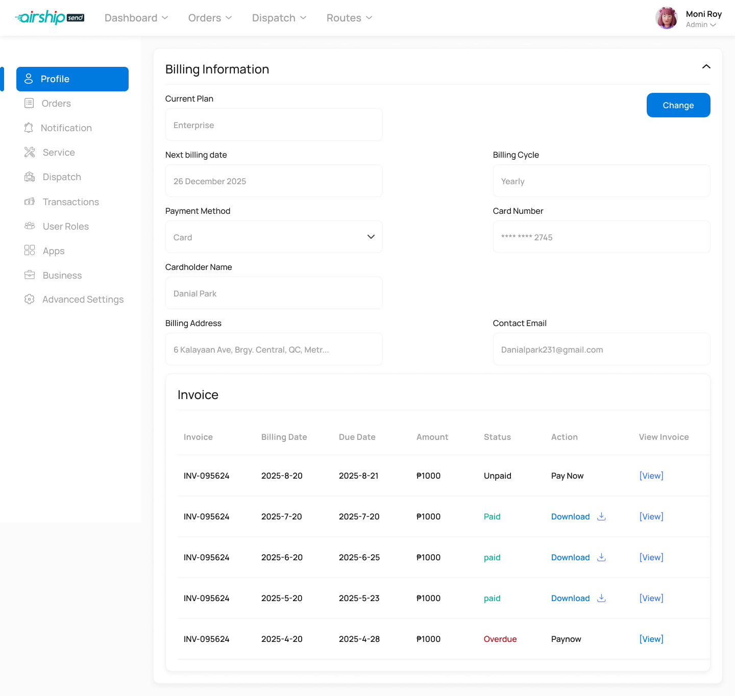 Billing settings
